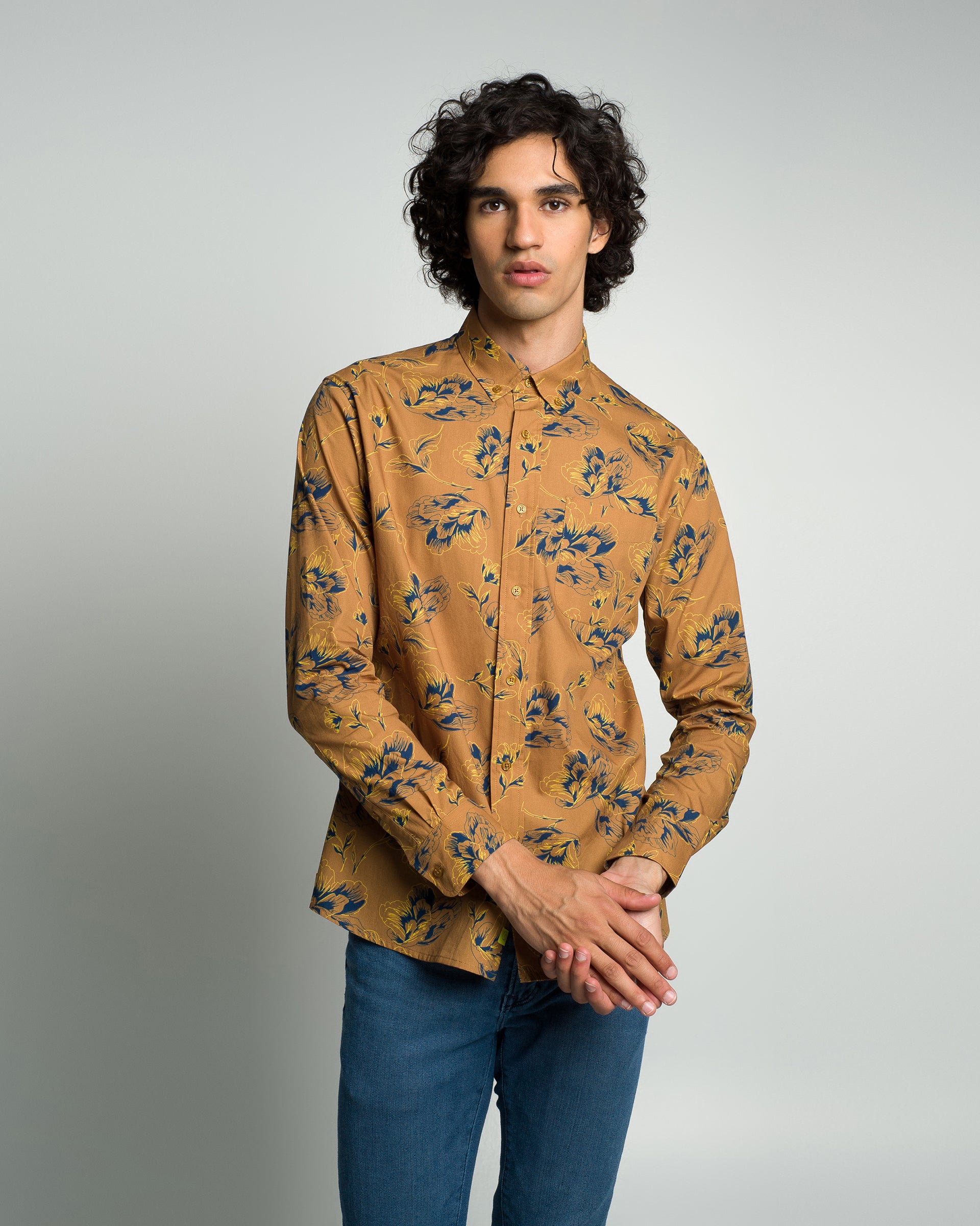 Flower print brown men's shirt