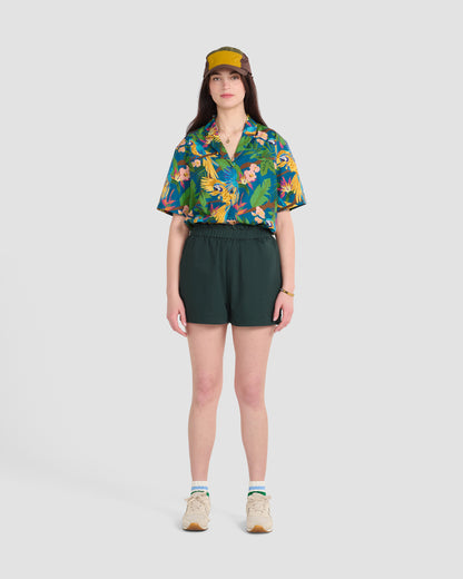 Women's Parrot Paradise Teal Print Camp Shirt