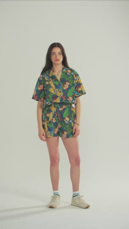 Women's Parrot Paradise Teal Print Camp Shirt